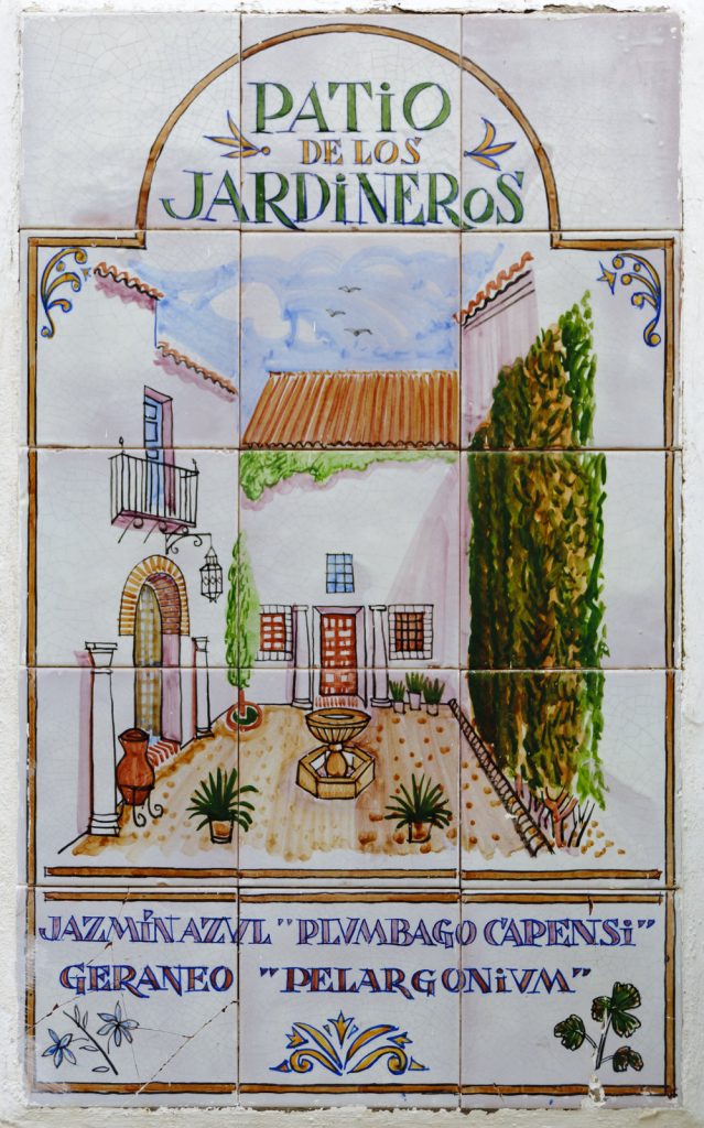 Azulejos - płytka dekoracyjna w Kordobie z farbą typowego andaluzyjskiego patio w ścianach tzw. „Palacio de Viana”.